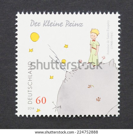 GERMANY - CIRCA 2014: a postage stamp printed in Germany showing an image of The Little Prince a novel of Antoine de Saint-Exupery, circa 2014.