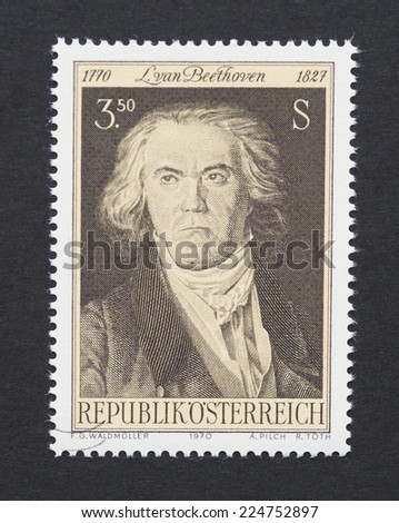 AUSTRIA - CIRCA 1970: a postage stamp printed in Austria showing an image of Ludwig van Beethoven, circa 1970.