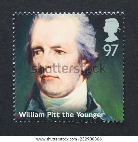 UNITED KINGDOM - CIRCA 2014: a postage stamp printed in United Kingdom showing an image of prime minister William Pitt, circa 2014.