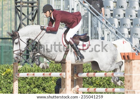 BARCELONA - OCTOBER 09: Ali Bin Khalid Al Thani rider in action during the Furusiyya Jumping First Competition in Real Club Polo Barcelona, on October 09, 2014, Barcelona, Spain.