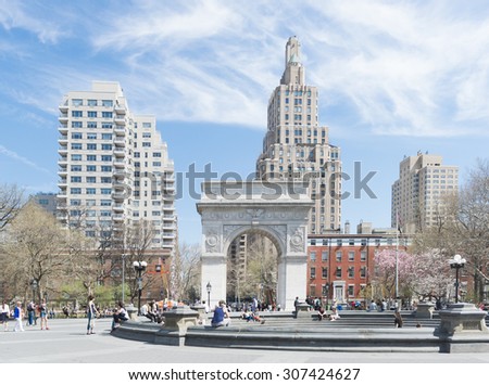 NEW YORK CITY - APRIL 18: Washington Square Park with the Washington Square Arch, on April 18, 2015 in New York City.