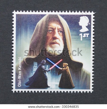 UNITED KINGDOM - CIRCA 2015: a postage stamp printed in United Kingdom commemorative of Star Wars movie with Obi-Wan Kenobi character, circa 2015.