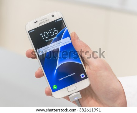 BARCELONA - FEBRUARY 24: the new Samsung Galaxy S7 on the stand of the Mobile World Congress 2016 on February 24, 2016, Barcelona, Spain.