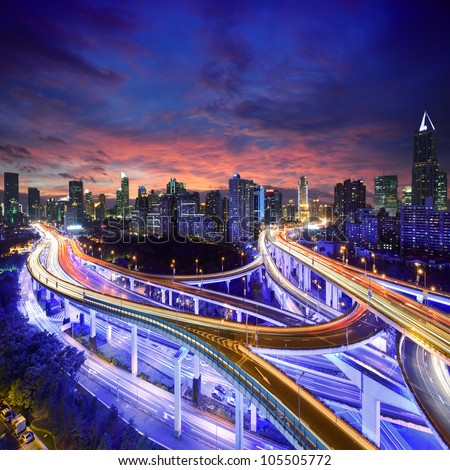 Shanghai City at sunset with light trails