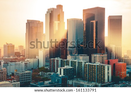 Los Angeles Downtown Skyline At Sunset
