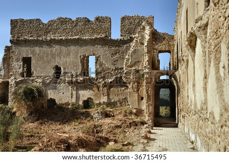 Ruins of the ancient town of Monterano, Rome, Italy. Church and convent of St. Bonaventure designed by Gian Lorenzo Bernini