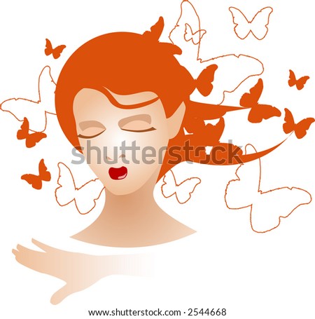 Lady, women with orange hair and butterflies. Beautiful.