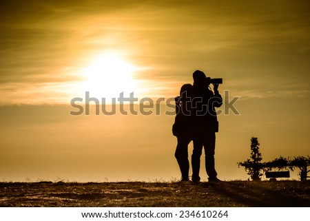 Couple silhouette, sunrise photo of love, photography and women