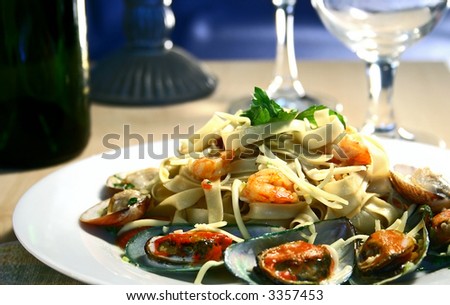 a plate of seafood pasta with shrimp,mussels and clam