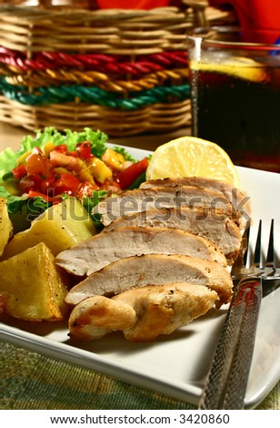 grilled chicken breast with mango salsa and baked potatoes