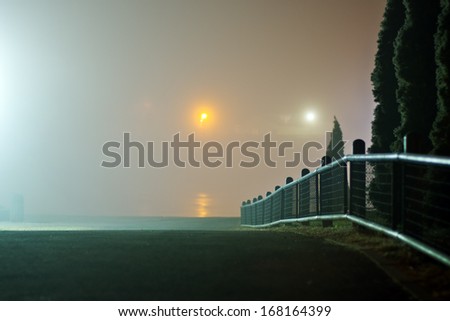 Fence and trees in the park by the river at foggy cold winter night.