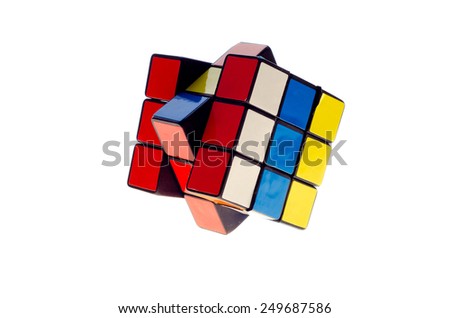 Kuala Lumpur, Malaysia - Feb 4, 2015: Rubik\'s Cube on a white background. Rubik\'s Cube invented by a Hungarian architect Erno Rubik in 1974.