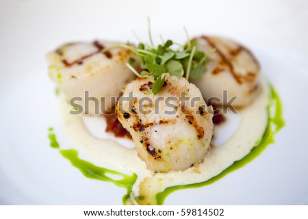 Grilled scallops on a white plate with garnish and sauces. Short depth of field.