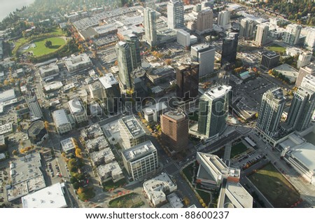 Aerial perspective of buildings in downtown Bellevue, WA