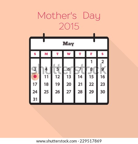 Flat holiday calendar icon. 10th of May, 2015. Mother\'s Day