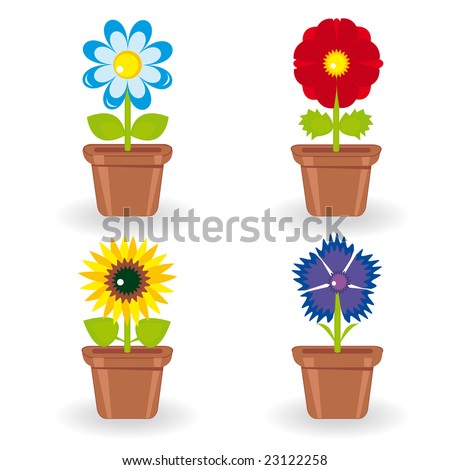 Set of four flowers in flowerpots (chamomile, rose, bluet, sunflower)