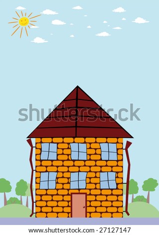 cartoon house door. stock vector : Summer landscape with cartoon house and smiling sun. Vector illustration.