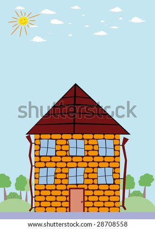 cartoon house door. stock photo : Summer landscape with cartoon house and smiling sun