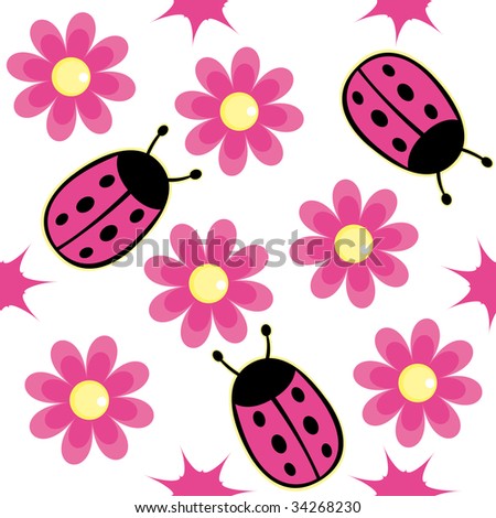 stock photo : Ladybug and pink daisy seamless wallpaper background