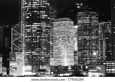 Black and white Hong Kong business district at night