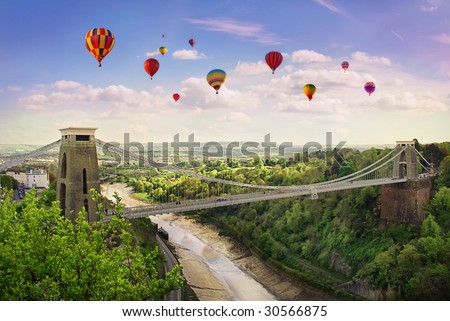 The World Famous Clifton Suspension Bridge, situated in Bristol, UK.During the annual balloon fiesta.