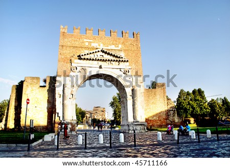 The historic and famous Arch of Augustus in Rimini, Italy, which dates back to biblical times.