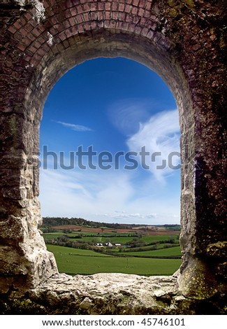 View of a cornish Landscape through an old arch window  of a tin mine.