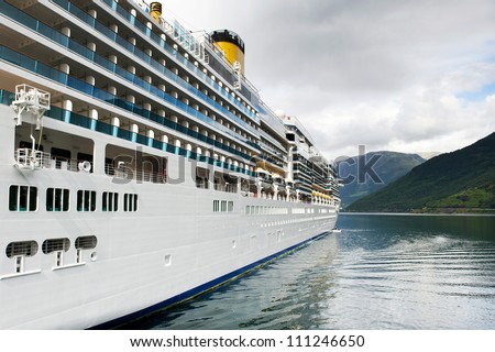 Board of a big luxury cruise liner in the port of Flam, Norway