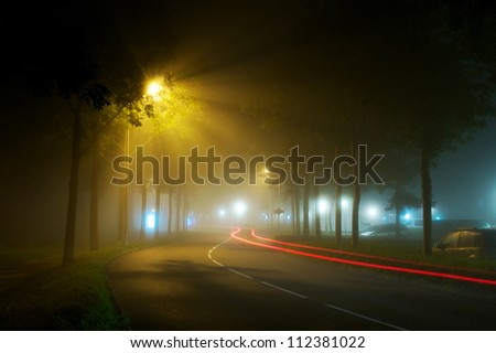 Car trace on an empty night road in a fog, Holland
