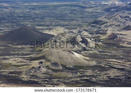 Hills and craters, some covered with moss or ash, at Lakagigar, Iceland