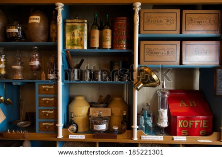 Interior of vintage grocery store with retro goods on the shelves, Zaanse Schaans, the Netherlands