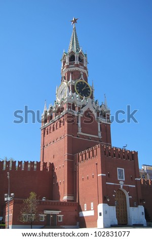 The clock tower of red square in the center of Moscow is part of the Kremlin wall, built by IVan the terrible in the sixteenth century and is a UNESCO site.