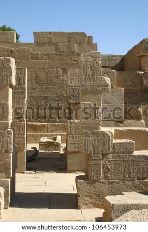 The Egyptian carved sandstone temple of Edfu on the southern NIle is covered with ancient carvings known as Hieroglyphics