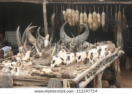 Animal parts for voodoo ceremonies are for sale at the fetish market in Lome, Togo, Africa