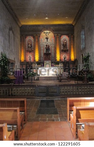 The interior of the mission church at Santa Barbara California is original from the last century