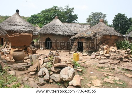 A  West African tribal village made from mud and dung is typical of the local architecture , in Benin