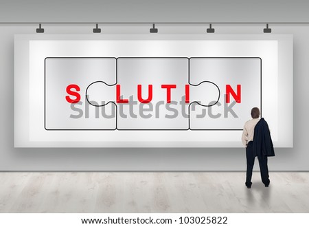 Clever business solutions advertisement banner with businessman looking