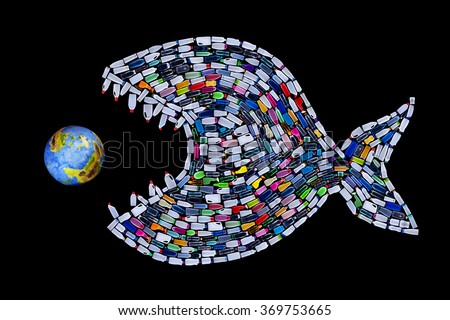 Garbage destroying our world oceans and earth - concept with plastic bottles fish eating the planet