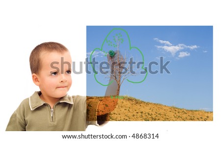 Boy sketching a green future - concept for environment and nature conservation