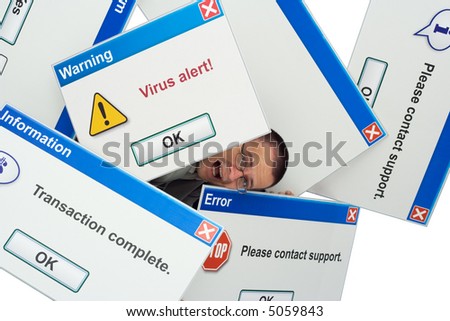 Stressed man screaming while covered by computer messages - technology and concept - isolated