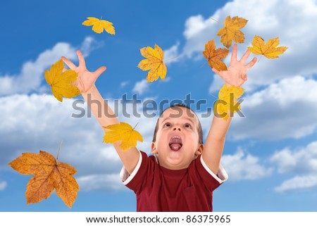 Happy boy shouting and reaching out for the falling autumn leaves -  without motion blur