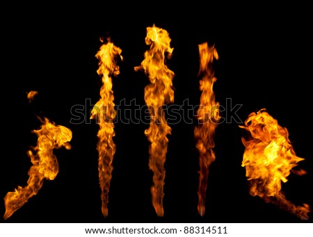 Long fire tongues design elements isolated on black background