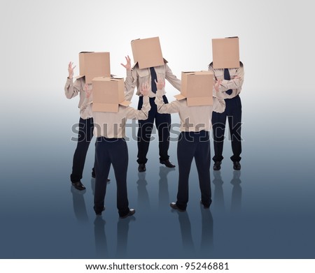 Brain storming businessmen with cardboard box heads
