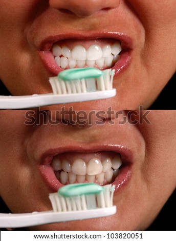 2 Images of a woman before and after brushing her teeth