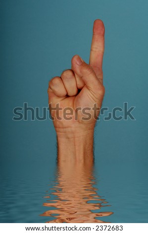 Man with hand out of water showing Number One
