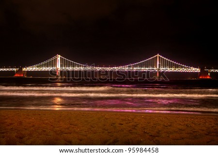 South Korea bridge over the sea and night time.