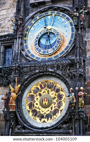 Prague Astronomical Clock, Orloj, with gold clocks and calendars and statue figurines in capital city of Czech Republic