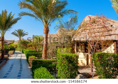 Bungalow and a walkway. El Gouna, Egypt, North Africa