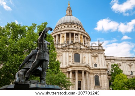 St. Paul\'s Cathedral and Firefighters Memorial. London, England, UK