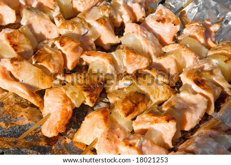 Barbecue of salmon on foil sheet